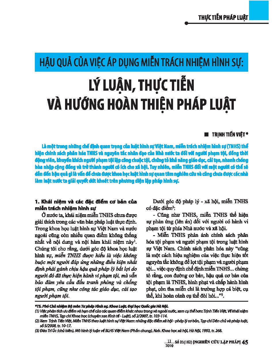 Hậu quả của việc áp dụng miễn trách nhiệm hình sự: Lý luận, thực tiễn và hướng hoàn thiện pháp luật