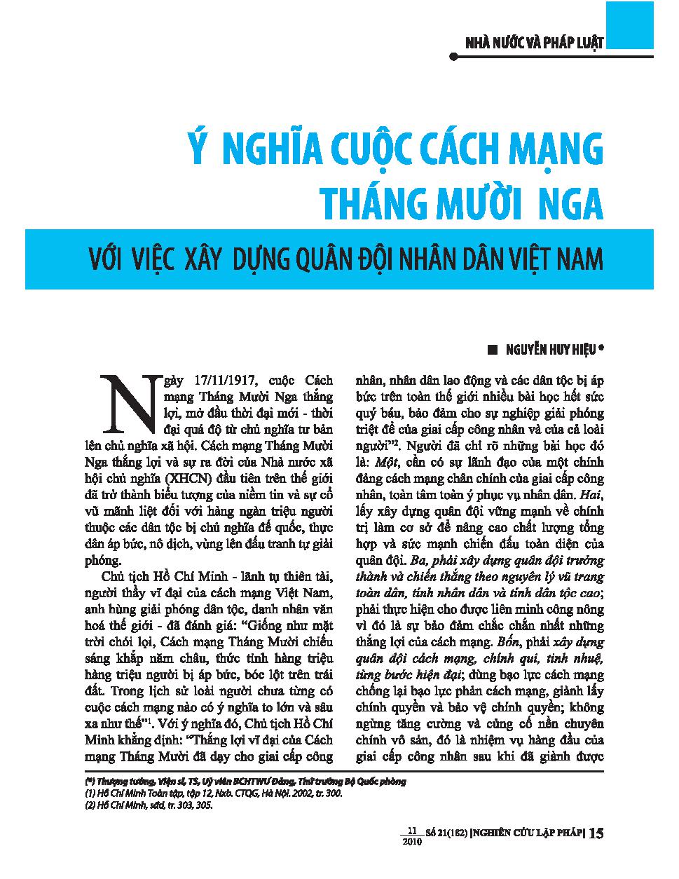 Ý nghĩa cuộc cách mạng tháng mười Nga với việc xây dựng quân đội nhân dân Việt Nam