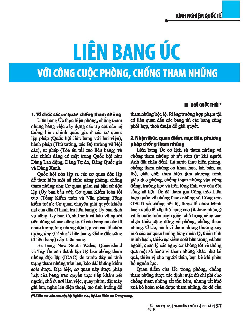 Liên Bang Úc với công cuộc phòng, chống tham nhũng