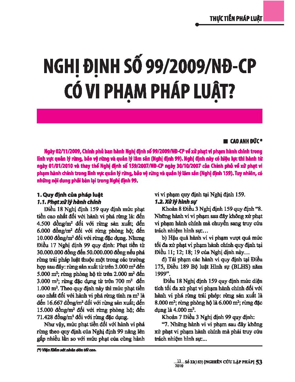 Nghị định số 99/2009/NĐ_CP có vi phạm pháp luật?