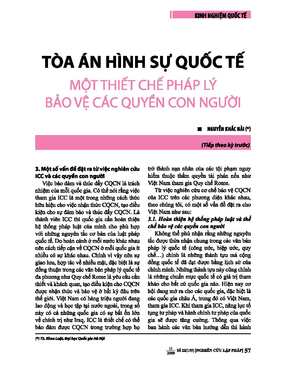 Tòa án hình sự quốc tế một thiết chế pháp lý bảo vệ các quyền con người (tiếp theo số 21/2009)