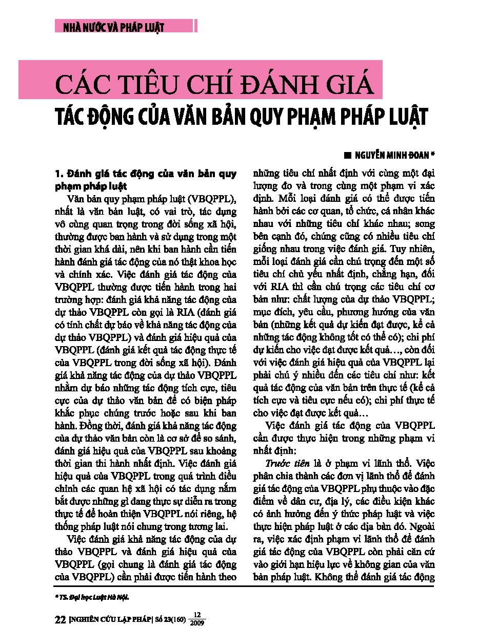 Các tiêu chí đánh giá tác động của văn bản quy phạm pháp luật