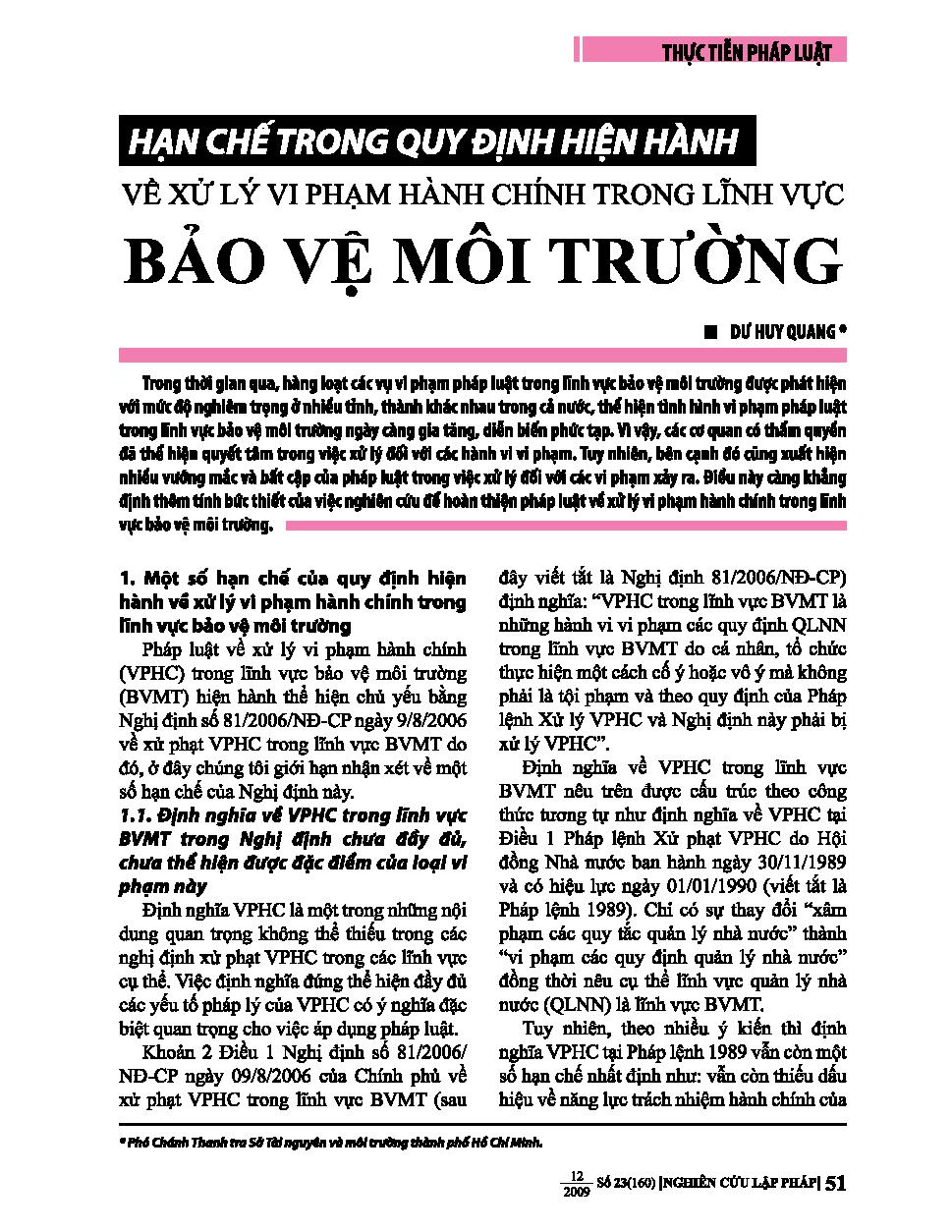 Hạn chế trong quy định hiện hành về xử lý vi phạm hành chính trong lĩnh vực bảo vệ môi trường