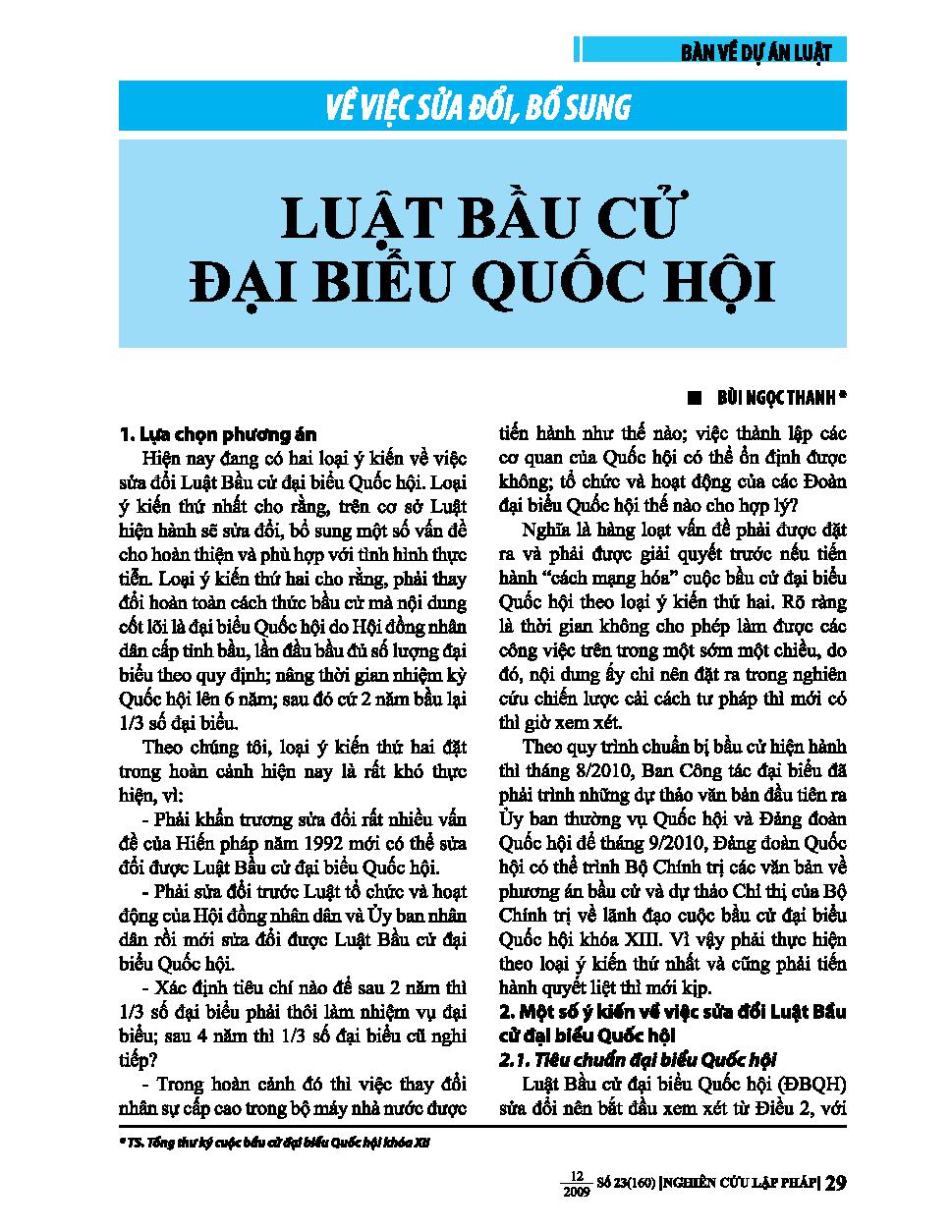 Về việc sửa đổi, bổ sung luật bầu cử đại biểu Quốc Hội