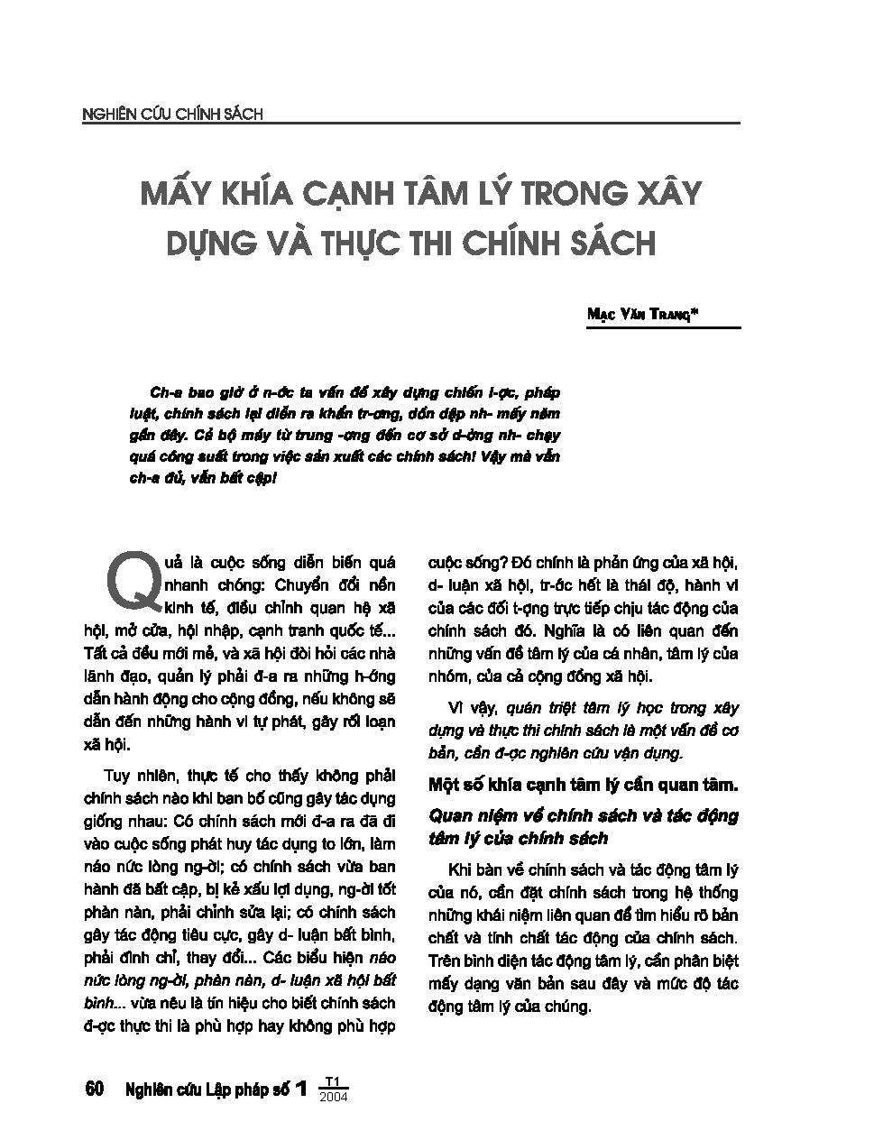 Mấy khía cạnh tâm lý trong xây dựng và thực thi chính sách