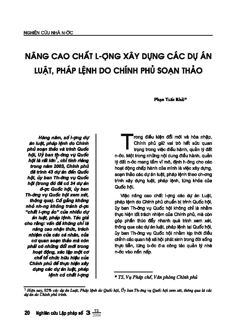 Nâng cao chất luợng xây dựng các dự án luật, pháp lệnh do chính phủ soạn thảo