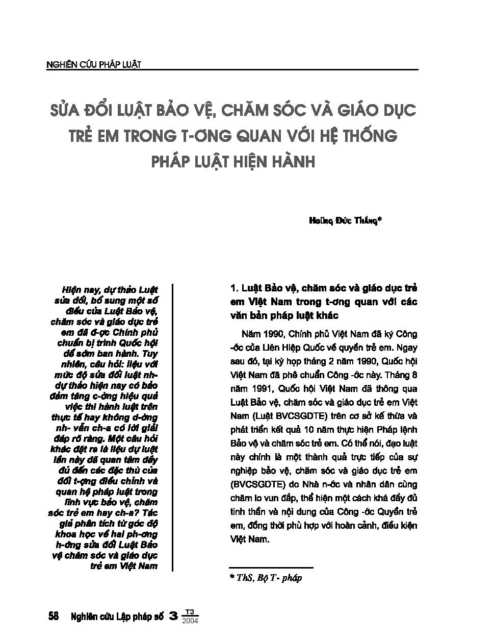 Sửa đổi luật bảo vệ chăm sóc và giáo dục trẻ em trong tương quan với hệ thống pháp luật hiện hành