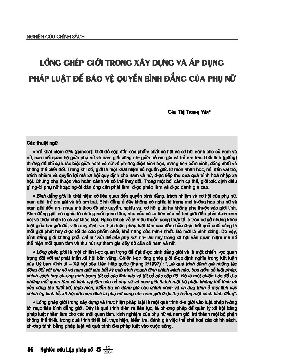 Lồng ghép giới trong xây dựng và áp dụng pháp luật để bảo vệ quyền bình đẳng của phụ nữ
