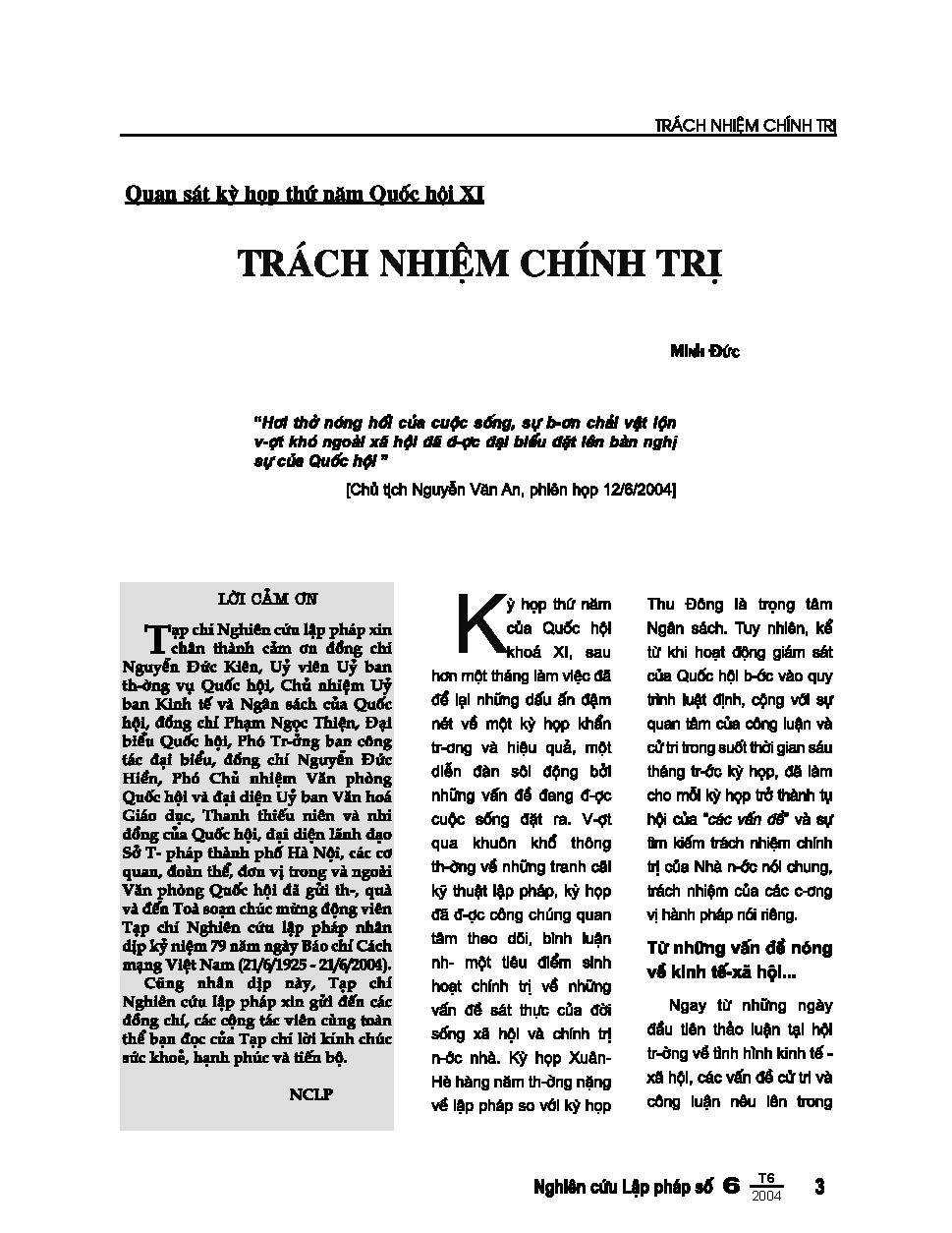 Quan sát kỳ họp thứ năm Quốc hội XI: trách nhiệm chính trị