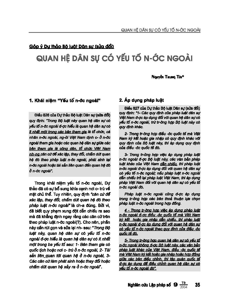 Góp ý dự thảo bộ luật dân sự(sửa đổi): Quan hệ dân sự có yếu tố nước ngoài