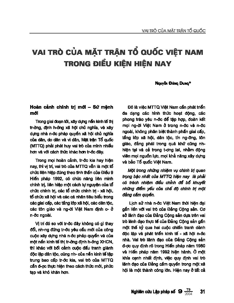 Vai trò của mặt trận tổ quốc Việt Nam trong điều kiện hiện nay