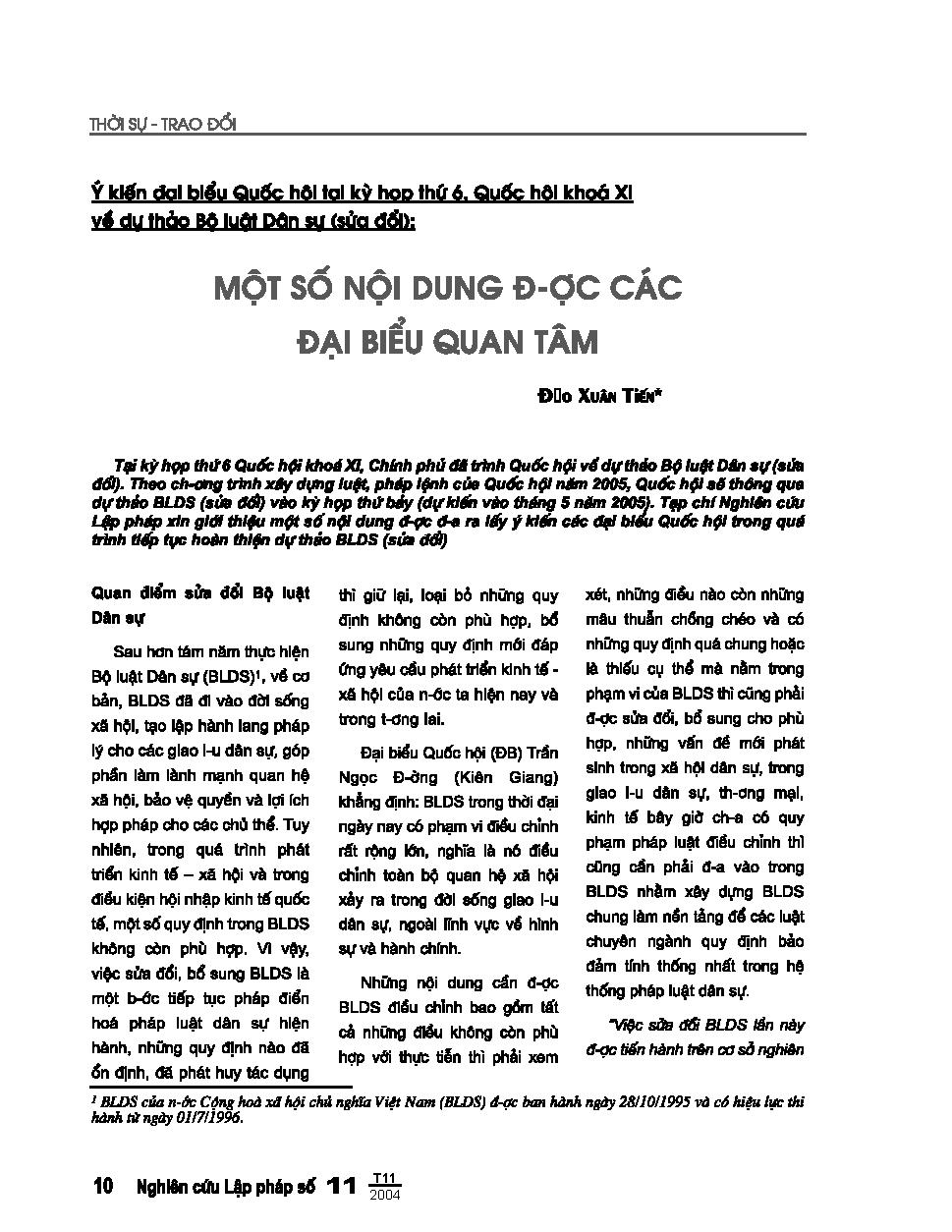 Ý kiến Đại biểu Quốc hội tại kỳ họp thứ 6, Quốc hội khoá XI về dự thảo Bộ luật dân sự(sửa đổi): Một số nội dung được các đại biểu quan tâm