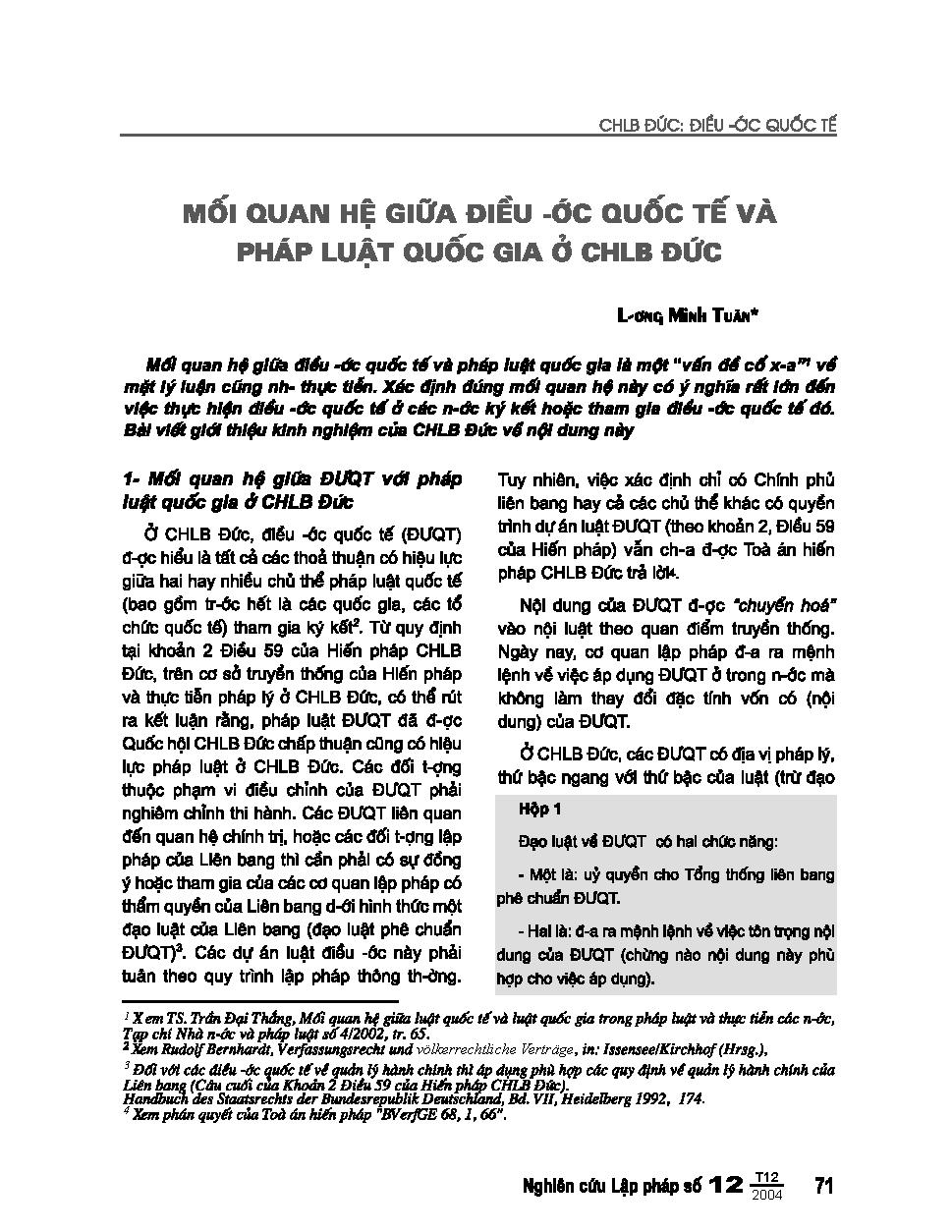 Mối quan hệ giữa Điều ước Quốc tế và Pháp luật quốc gia ở CHLB Đức