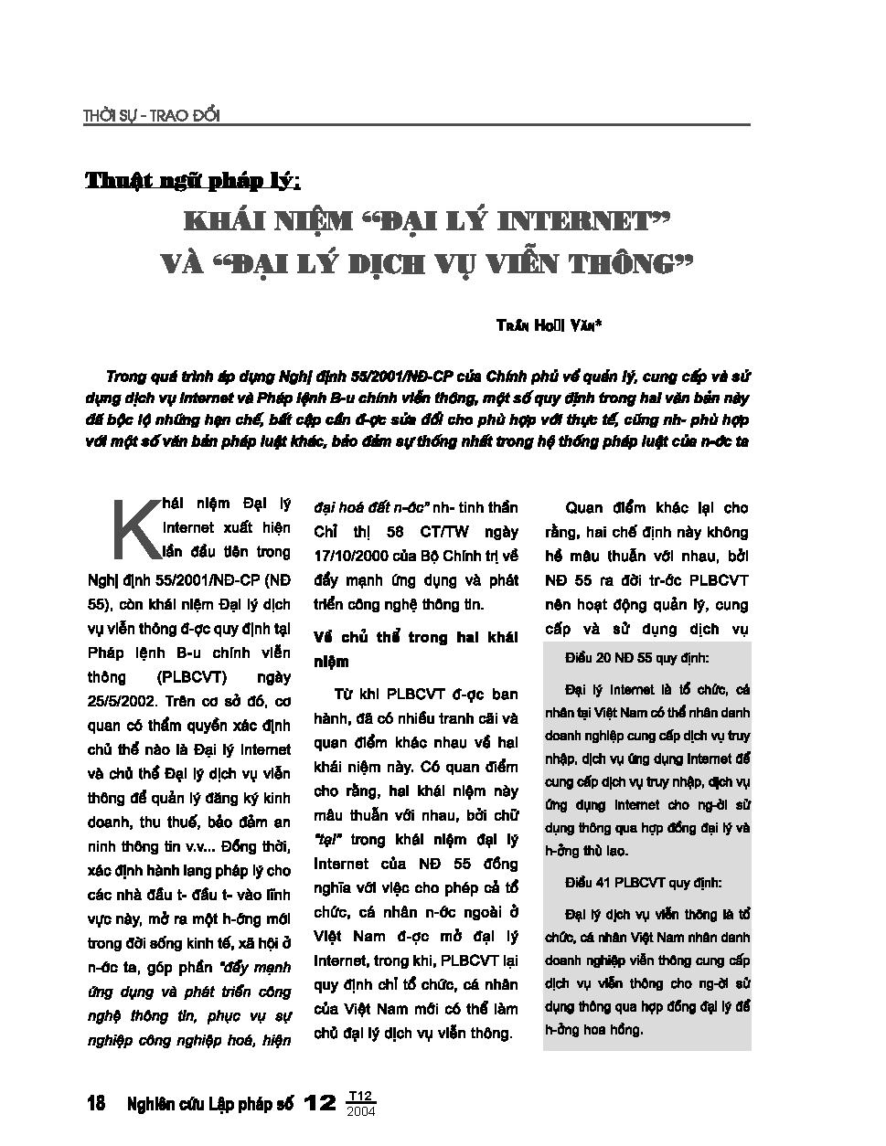 Thuật ngữ pháp lí: Khái niệm "đại lý internet" và "đại lý dịch vụ viễn thông"