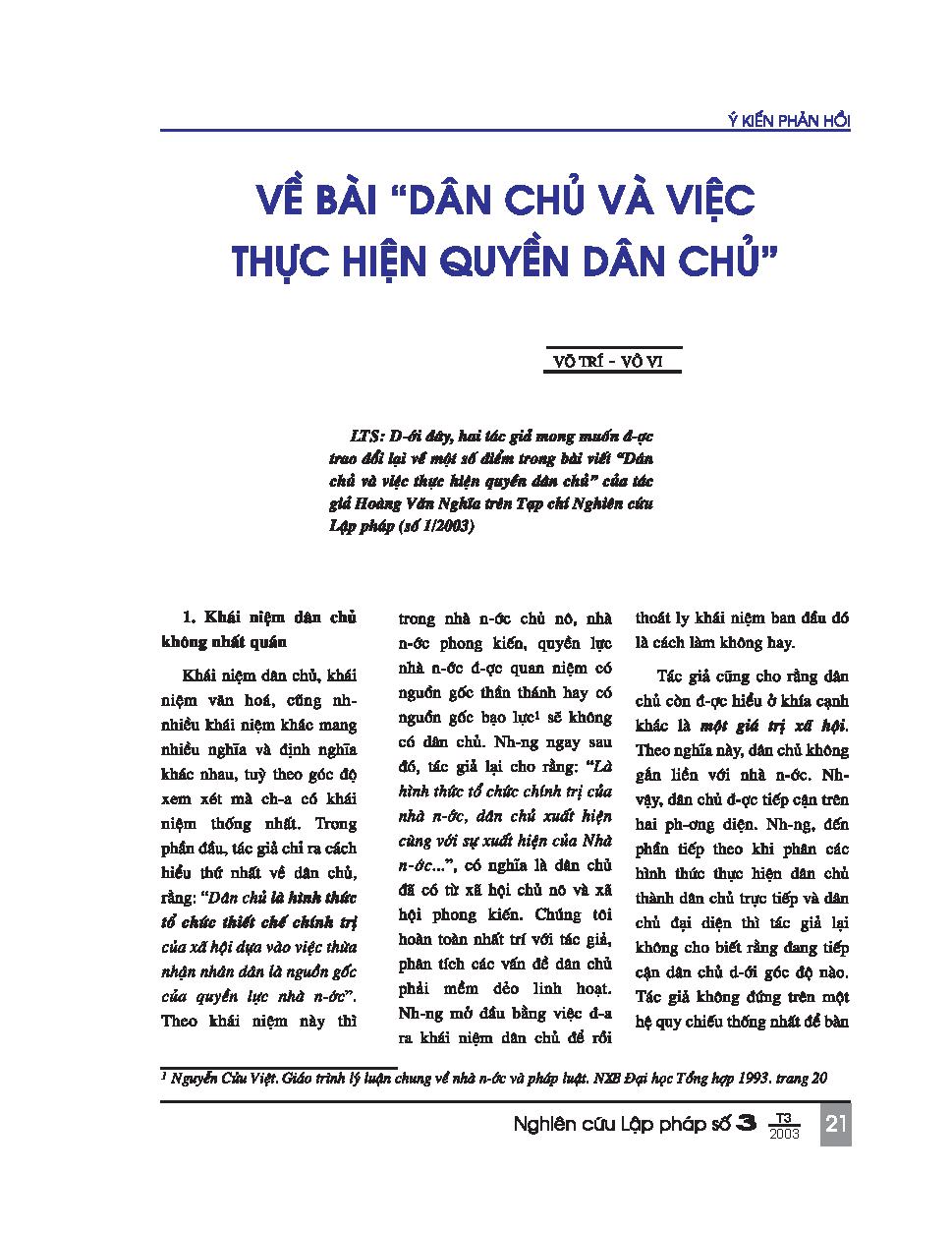 Về bài "dân chủ và thực hiện quyền dân chủ"