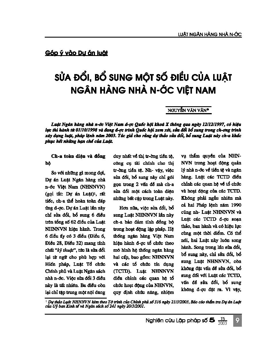 Góp ý vào dự án luật sửa đổi, bổ sung một số điều của luật ngân hàng nhà nước Việt Nam