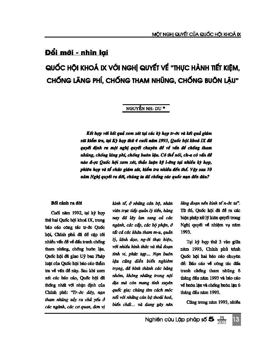 Quốc hội khoá IX với nghị quyết về "thực hành tiết kiệm, chống lãng phí, chống tham nhũng, chống buôn lậu"