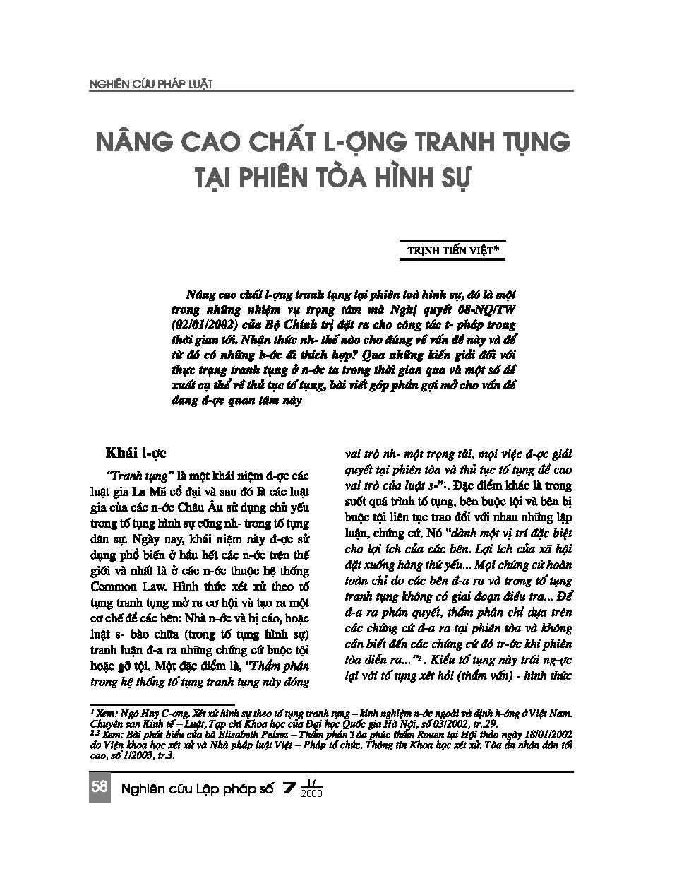 Nâng cao chất lượng tranh tụng tại phiên toà hình sự