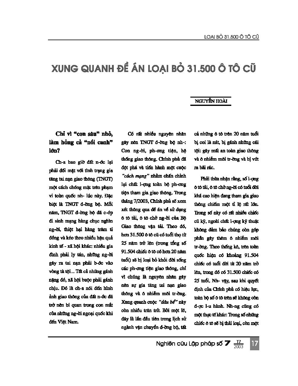 Xung quanh đề án loại bỏ 31.500 ô tô cũ