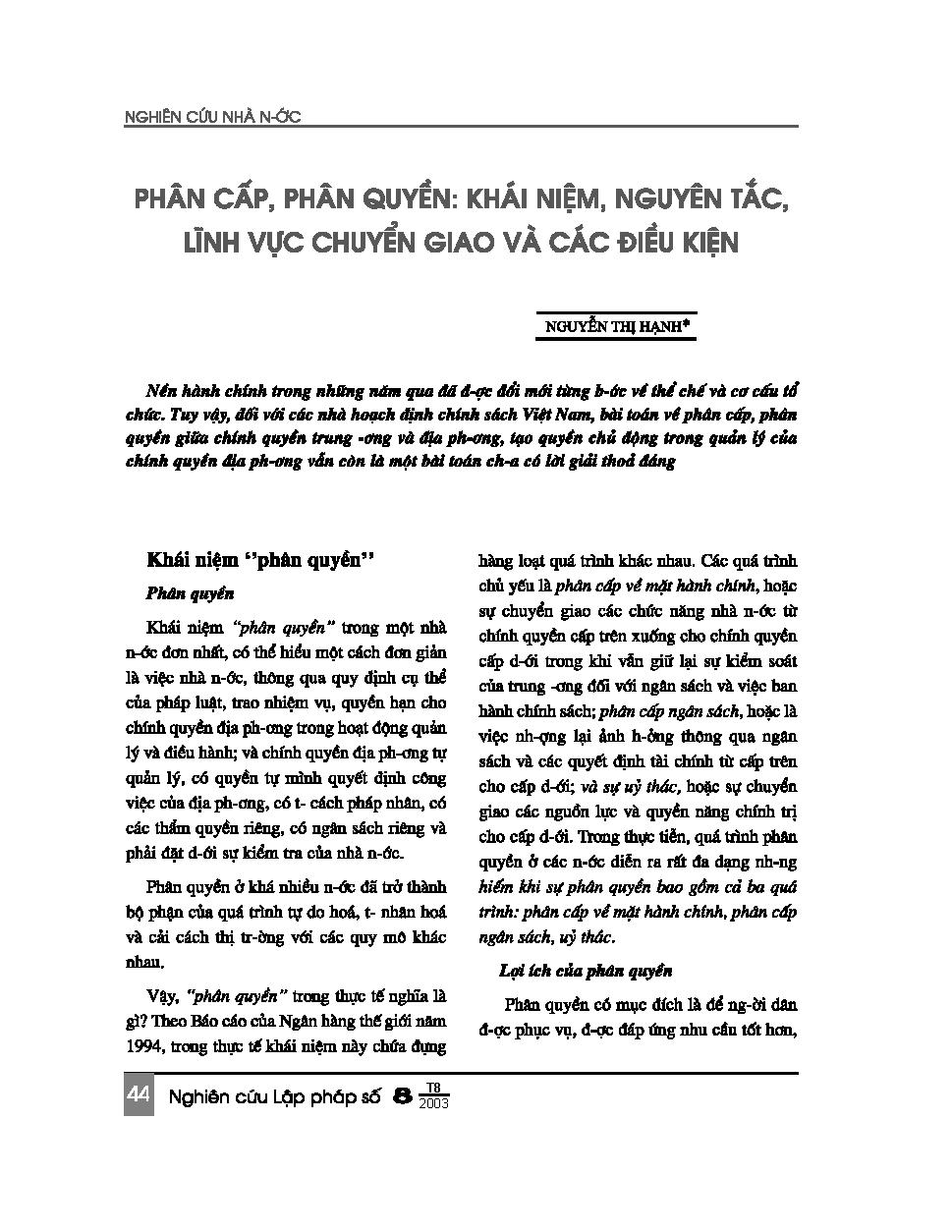 Phân cấp, phân quyền: Khái niệm, nguyên tắc, lĩnh vực chuyển giao và các điều kiện