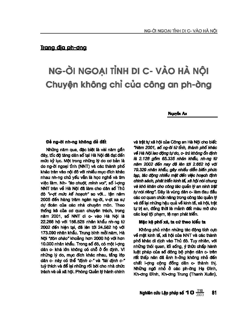 Người ngoại tỉnh di cư vào Hà Nội chuyện không chỉ của công an phường