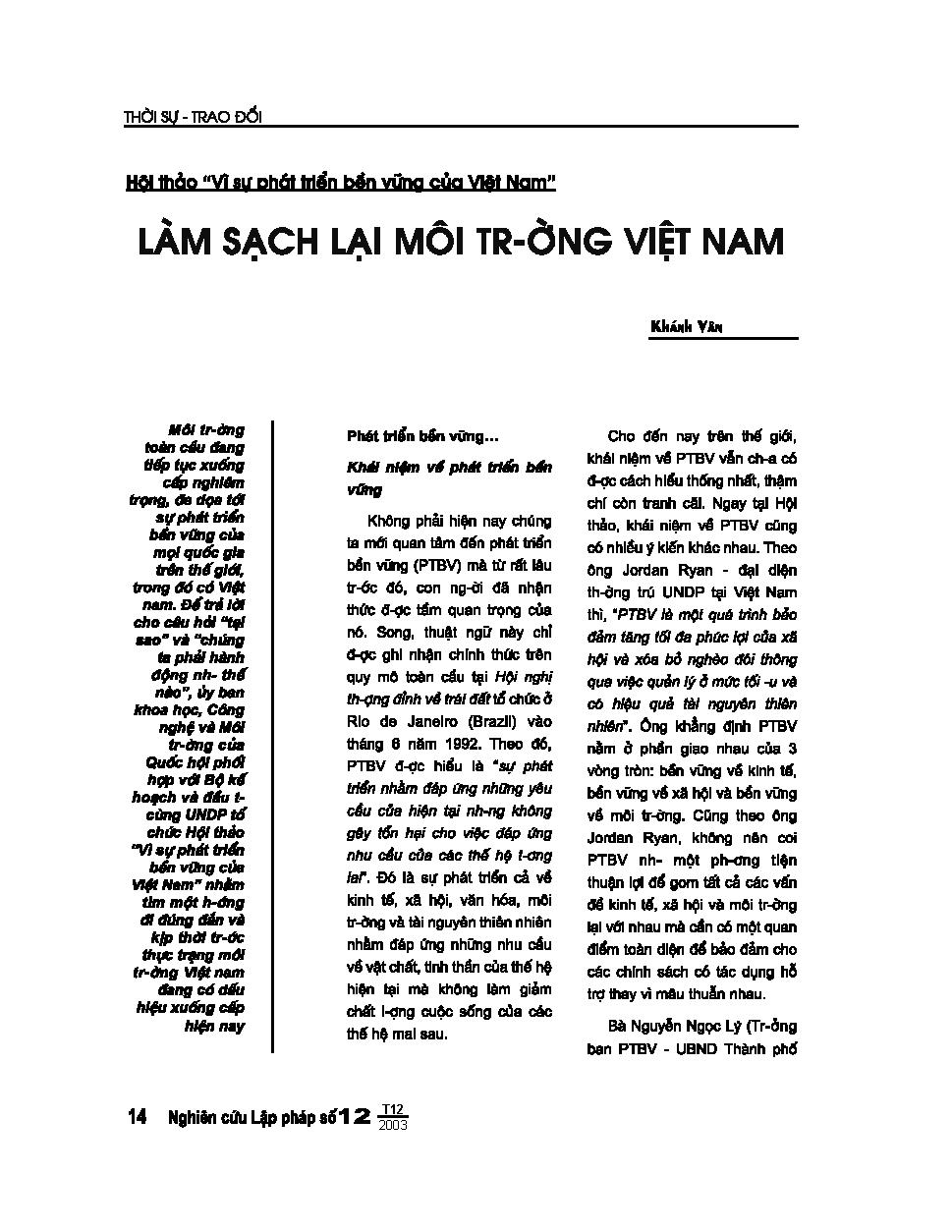 Hội thảo"vì sự phát triển bền vững của Việt Nam": Làm sạch lại môi trường Việt Nam