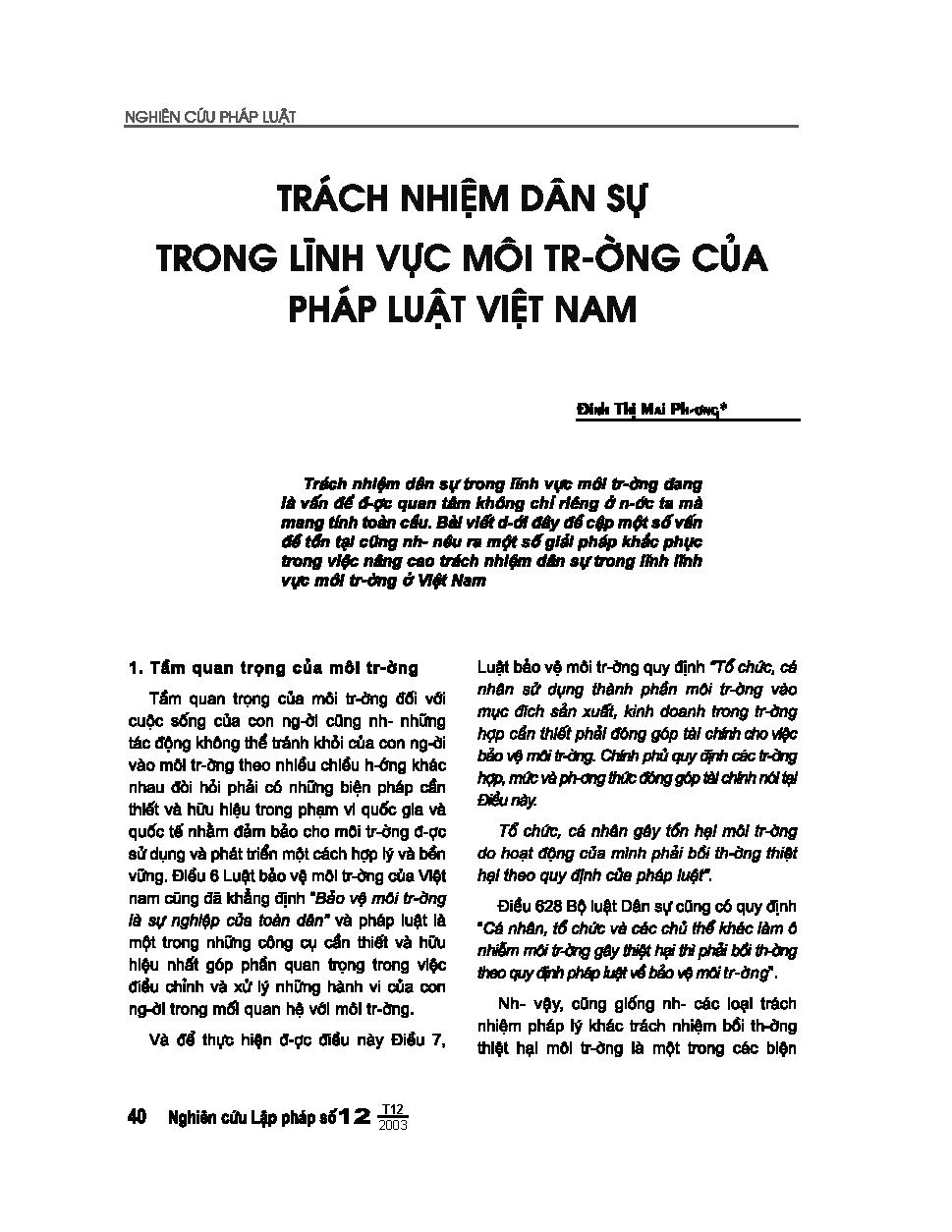 Trách nhiệm dân sự trong lĩnh vực môi trường của pháp luật Việt Nam