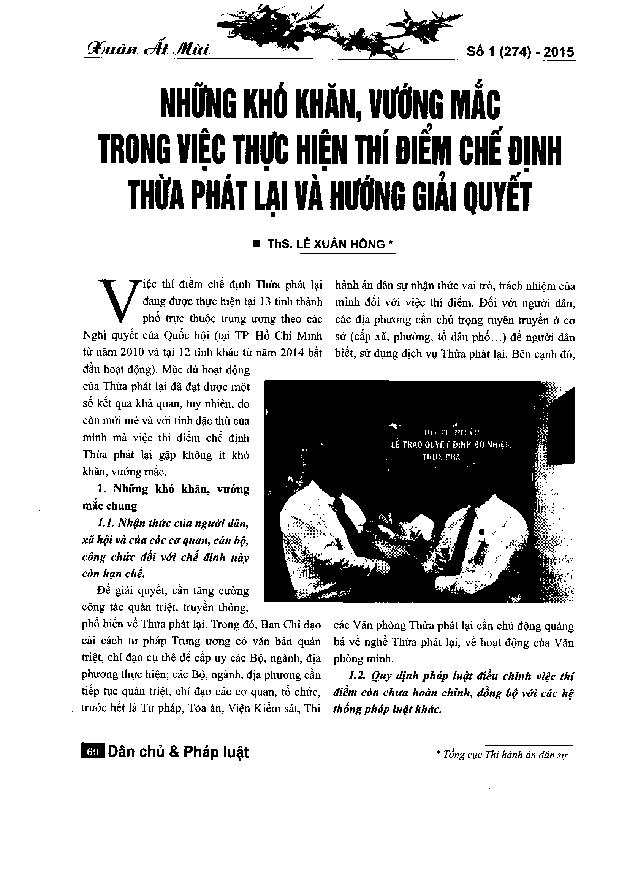 Những khó khăn vướng mắc trong thực hiện thí điểm chế định thừa phát lại và hướng giải quyết