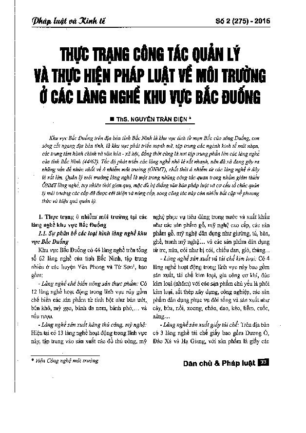 Thực trạng công tác quản lý và thực hiện pháp luật về môi trường ở các làng nghề khu vực Bắc Đuống