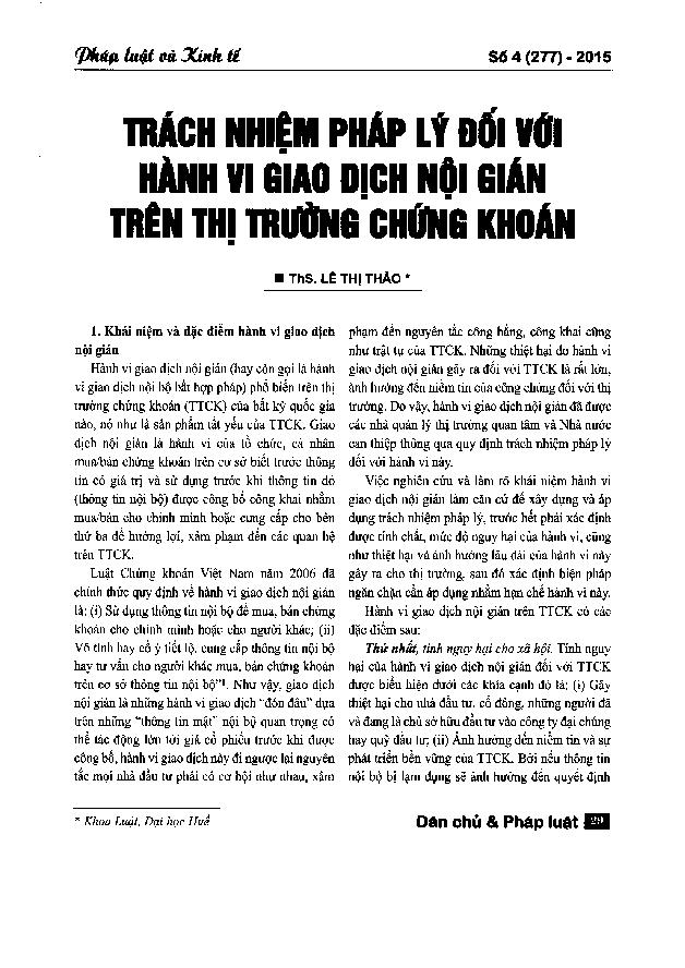 Trách nhiệm pháp lý đối với hành vi giao dịch nội gián trên thị trường chứng khoán