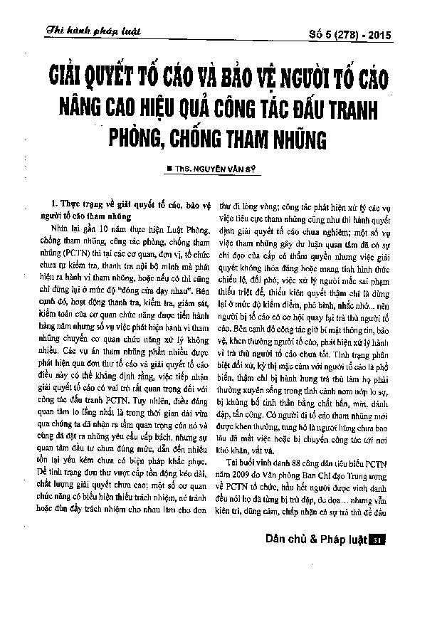 Giải quyết tố cáo và bảo vệ người tố cáo nâng cao hiệu quả công tác đấu tranh phòng, chống tham nhũng