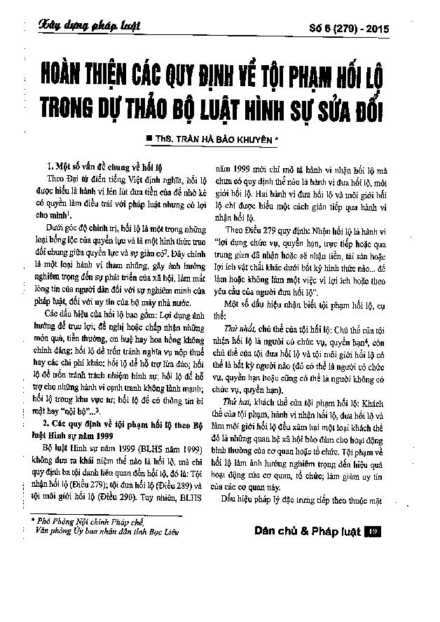 Hoàn thiện các quy định về tội phạm hối lộ trong Dự thảo Bộ luật Hình sự sửa đổi