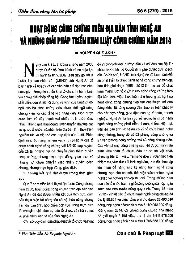 Hoạt động công chứng trên địa bàn tỉnh Nghệ An và những giải pháp triển khai luật công chứng năm 2014