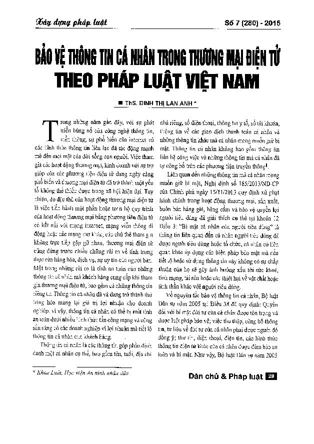 Bảo vệ thông tin cá nhân trong thương mại điện tử theo pháp luật Việt Nam