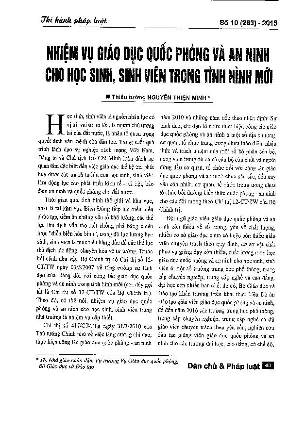 Nhiệm vụ giáo dục quốc phòng và an ninh cho học sinh, sinh viên trong tình hình mới