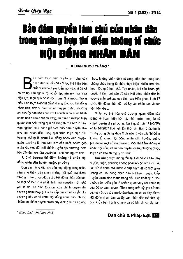 Bảo đảm quyền làm chủ của nhân dân trong trường hợp thí điểm không tổ chức hội đồng nhân dân