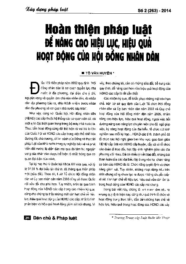 Hoàn thiện pháp luật để nâng cao hiệu lực, hiệu quả hoạt động của hội đồng nhân dân