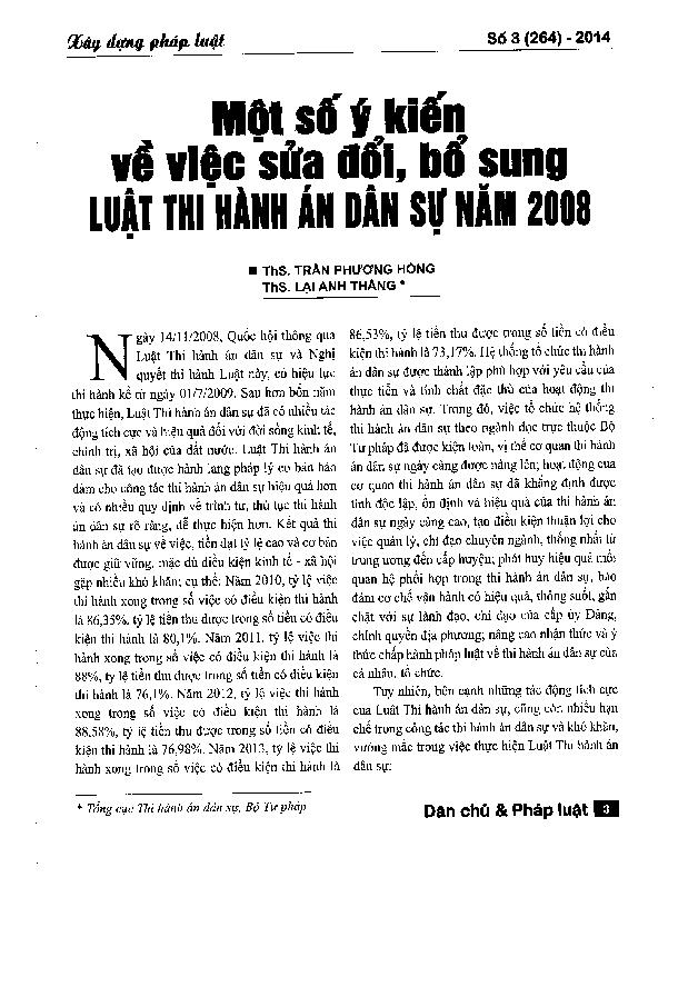 Một số ý kiến về việc sửa đổi, bổ sung luật thi hành án dân sự năm 2008