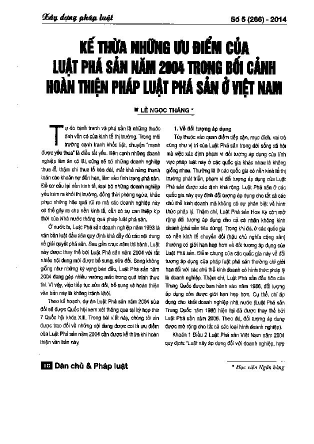 Kế thừa những ưu điểm của Luật Phá sản năm 2004 trong bối cảnh hoàn thiện pháp luật phá sản ở Việt Nam