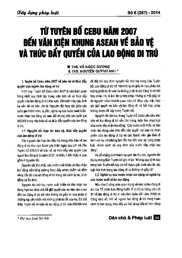 Từ tuyên bố Cebu năm 2007 đến văn kiện khung Asean về bảo vệ và thúc đẩy quyền của lao động di trú