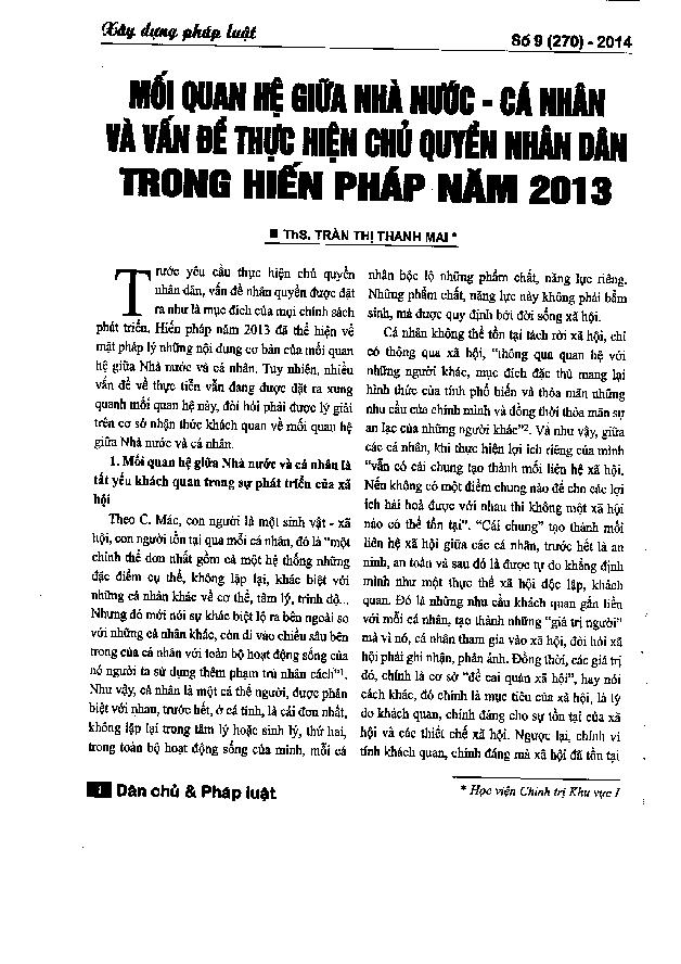 Mối quan hệ giữa nhà nước - cá nhân và vấn đề thực hiện chủ quyền nhân dân trong Hiến pháp năm 2013