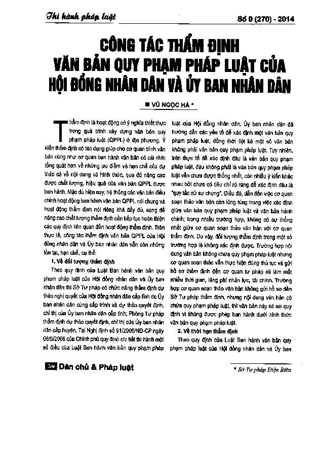 Công tác thẩm định văn bản quy phạm pháp luật của Hội đồng nhân dân và ủy ban nhân dân 