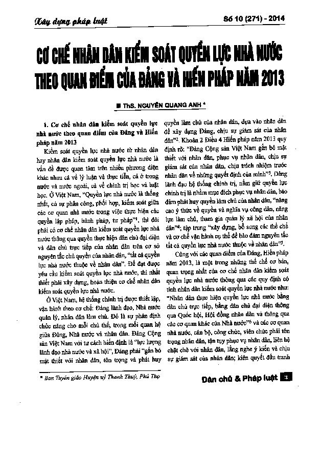 Cơ chế nhân dân kiểm soát quyền lực nhà nước theo quan điểm của Đảng và Hiến pháp năm 2013 