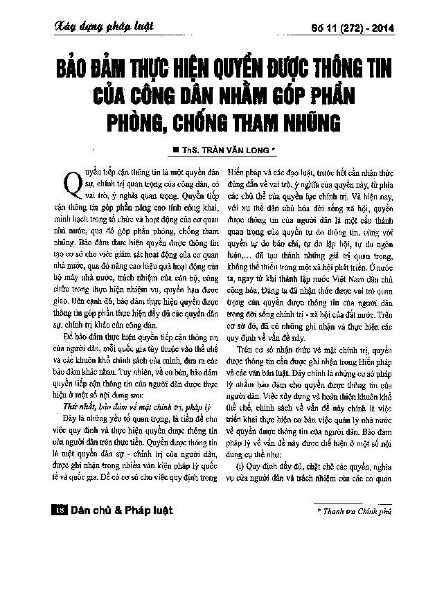 Bảo đảm thực hiện quyền được thông tin của công dân nhằm góp phần phòng, chống tham nhũng 