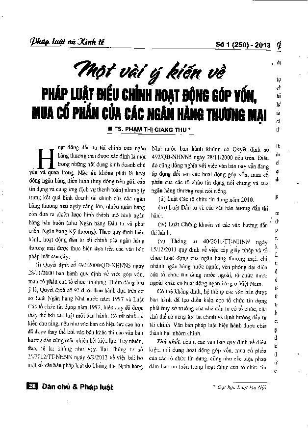 Một vài ý kiến về pháp luật điều chỉnh hoạt động góp vốn, mua cổ phần của các ngân hàng thương mại