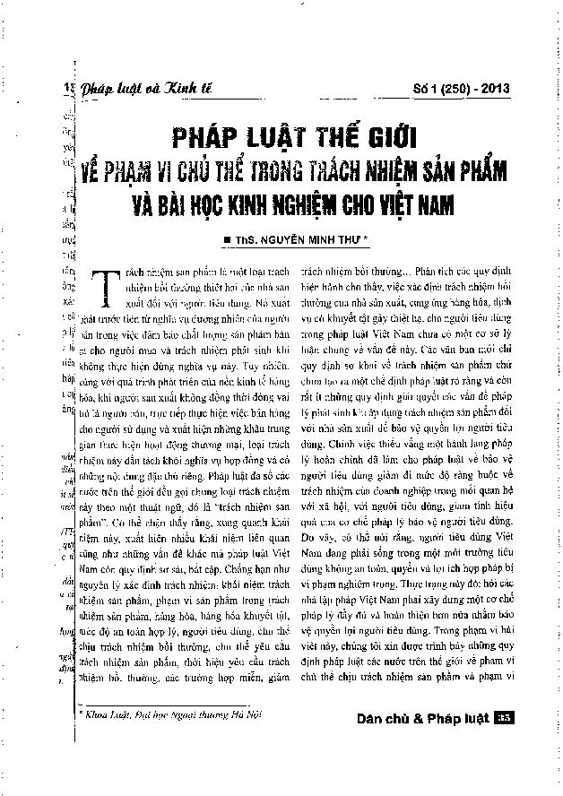 Pháp luật thế giới về phạm vi chủ thể trong trách nhiệm sản phẩm và bài học kinh nghiệm cho Việt Nam