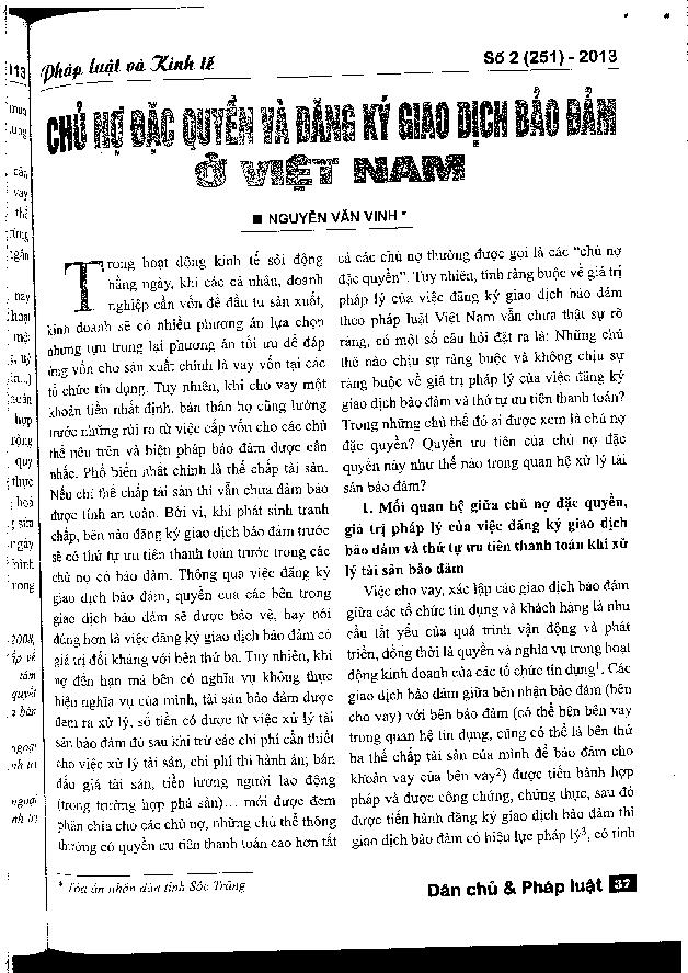 Chủ nợ đặc quyền và đăng ký giao dịch bảo đảm ở Việt Nam