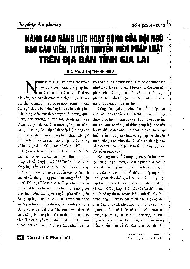 Nâng cao năng lực hoạt động của đội ngũ báo cáo viên tuyên truyền viên pháp luật trên địa bàn tỉnh Gia Lai