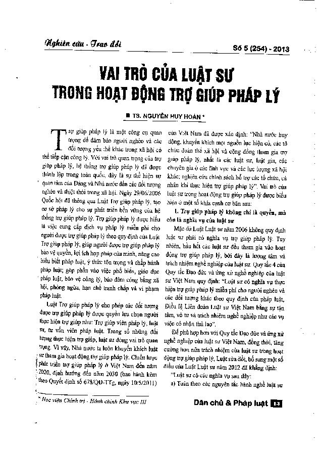 Vai trò của luật sư trong hoạt động trợ giúp pháp lý