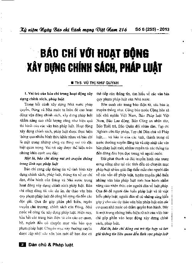 Báo chí với hoạt động xây dựng chính sách, pháp luật